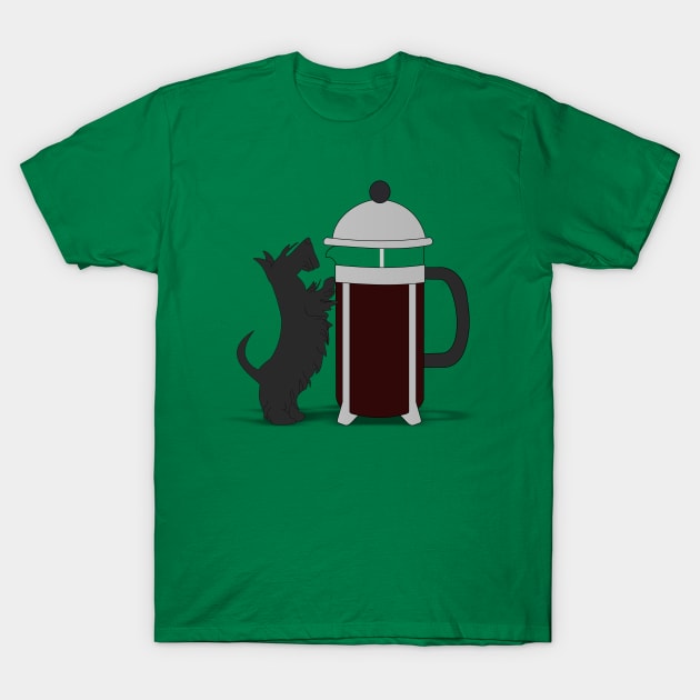 Scottish terrier leaning against a French press T-Shirt by kourai